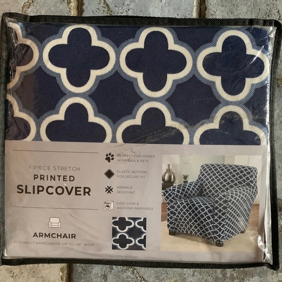 Great Bay Home Printed Twill Arm Chair Slipcover. One Piece Navy-New - Picture 6 of 7